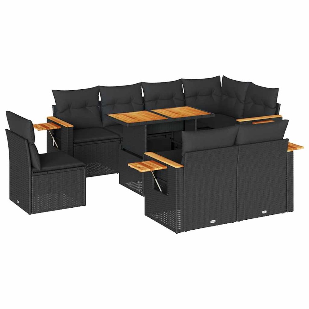vidaXL Set mobilier grădină perne 9 piese negru poliratan/lemn acacia