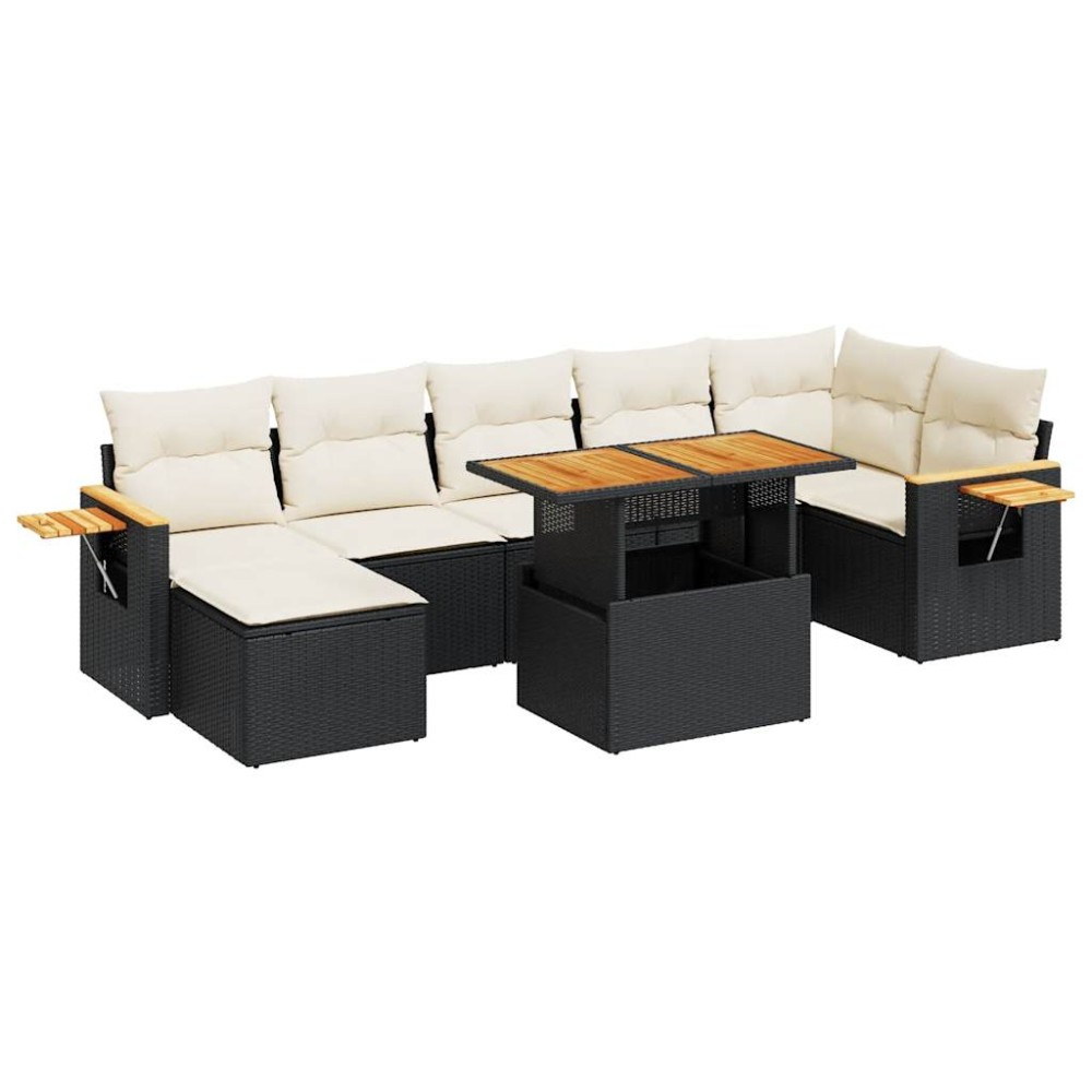 vidaXL Set mobilier grădină perne 8 piese negru, poliratan/lemn acacia