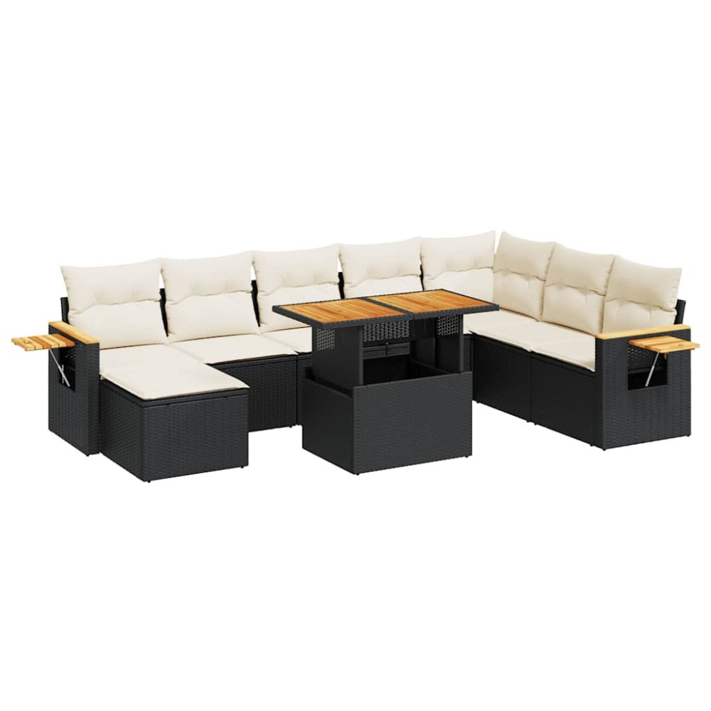 vidaXL Set mobilier grădină perne 9 piese negru poliratan/lemn acacia