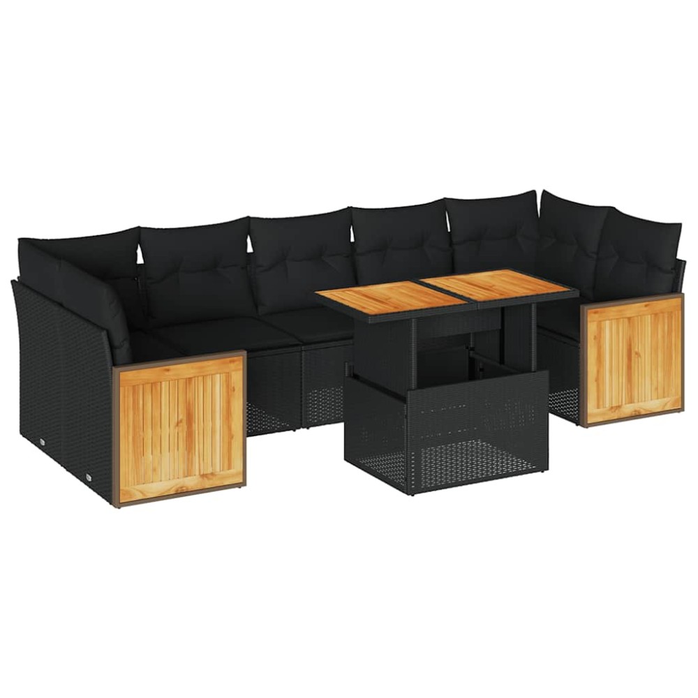 vidaXL Set mobilier grădină perne 8 piese negru, poliratan/lemn acacia