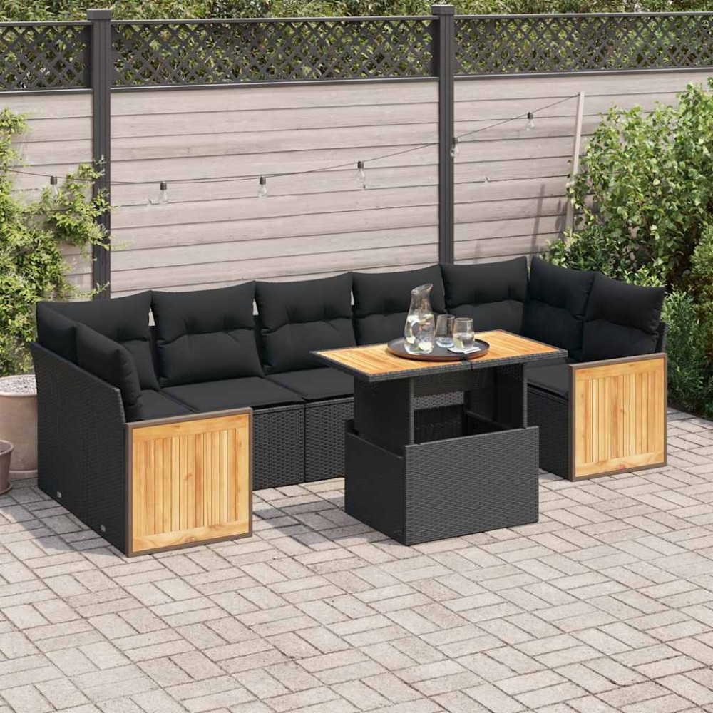 vidaXL Set mobilier grădină perne 8 piese negru, poliratan/lemn acacia