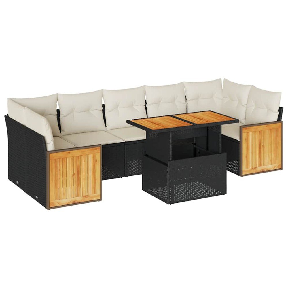 vidaXL Set mobilier grădină perne 8 piese negru, poliratan/lemn acacia
