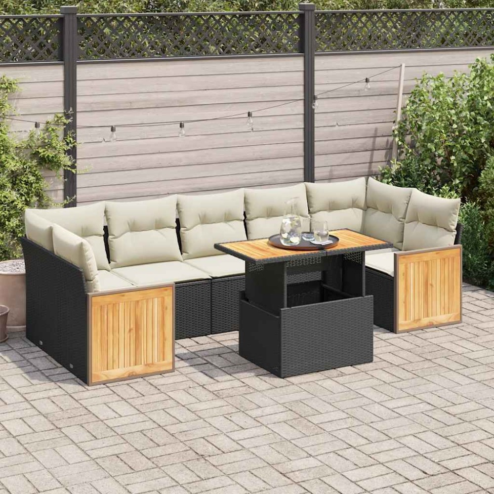 vidaXL Set mobilier grădină perne 8 piese negru, poliratan/lemn acacia