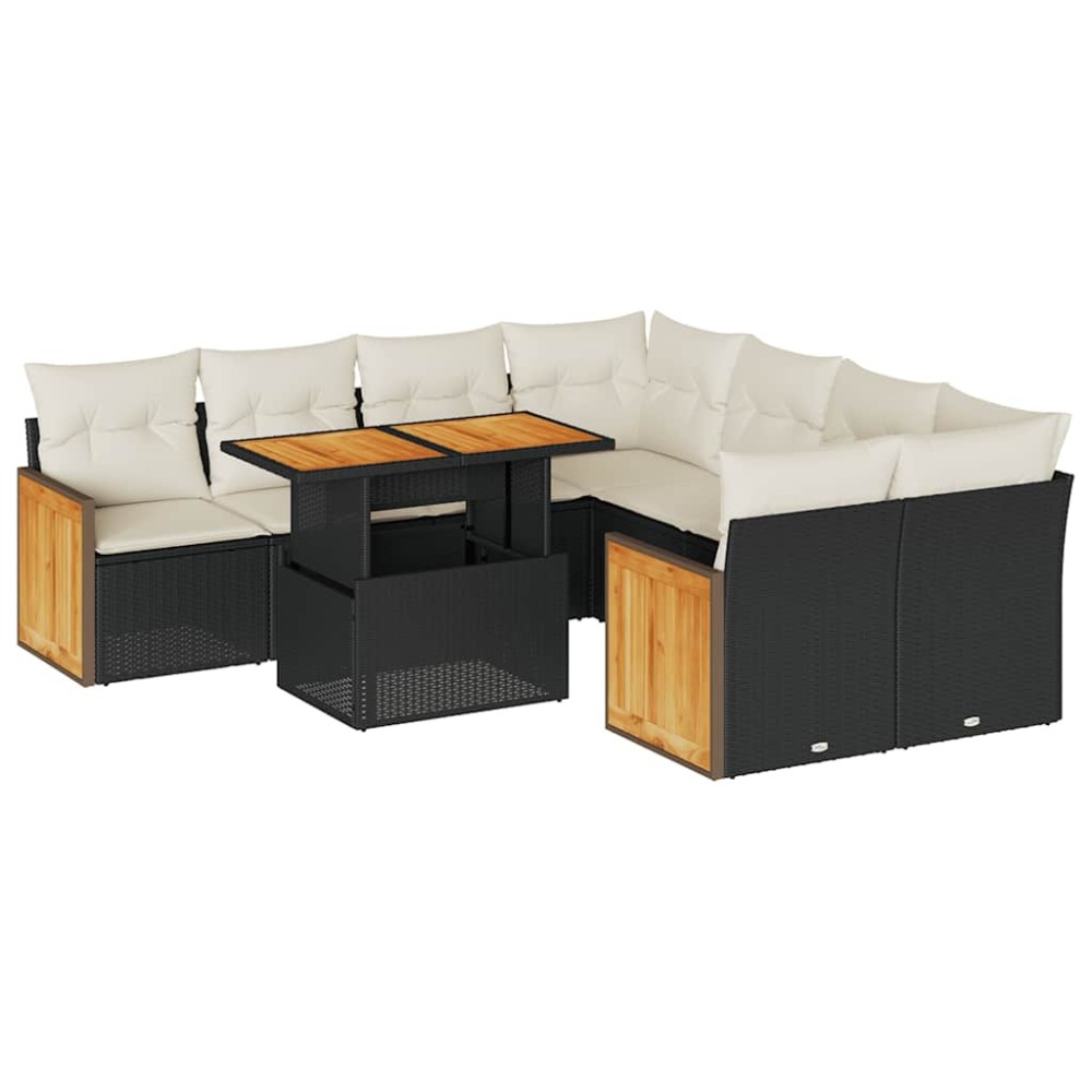 vidaXL Set mobilier grădină perne 9 piese negru poliratan/lemn acacia