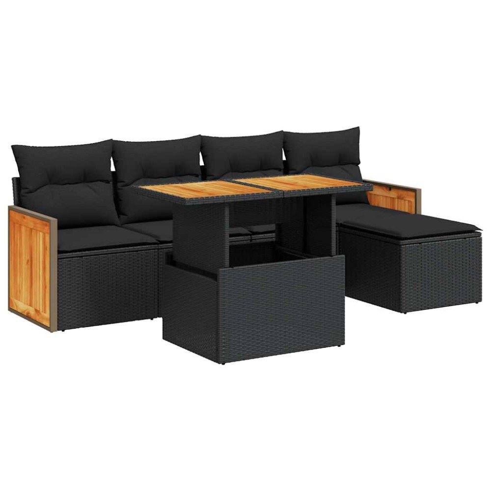 vidaXL Set mobilier grădină perne 6 piese negru poliratan/lemn acacia