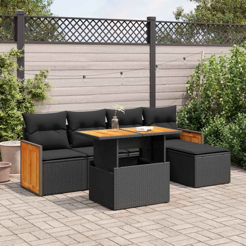 vidaXL Set mobilier grădină perne 6 piese negru poliratan/lemn acacia