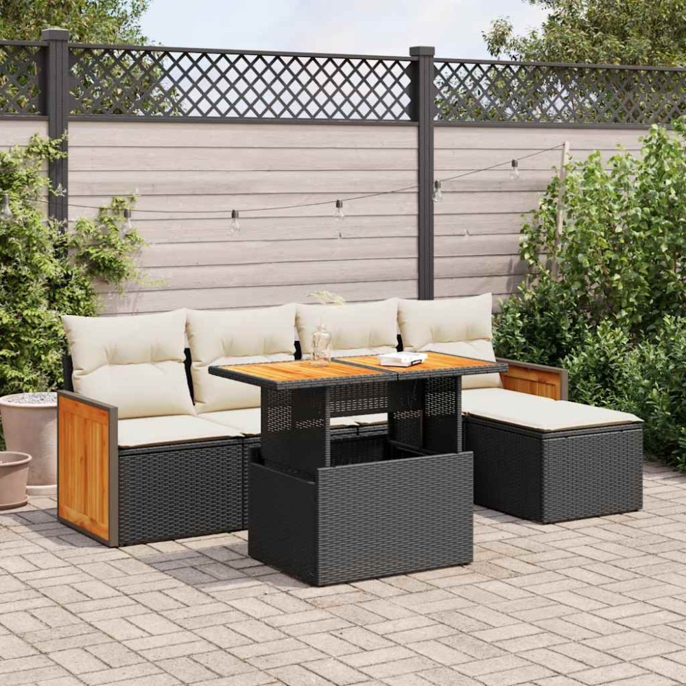 vidaXL Set mobilier grădină perne 6 piese negru poliratan/lemn acacia