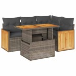 vidaXL Set canapea de grădină cu perne, 5 piese, poliratan/lemn acacia vidaXL Set canapea de grădină cu perne, 5 piese, poliratan/lemn acacia