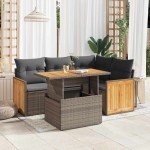 vidaXL Set canapea de grădină cu perne, 5 piese, poliratan/lemn acacia vidaXL Set canapea de grădină cu perne, 5 piese, poliratan/lemn acacia