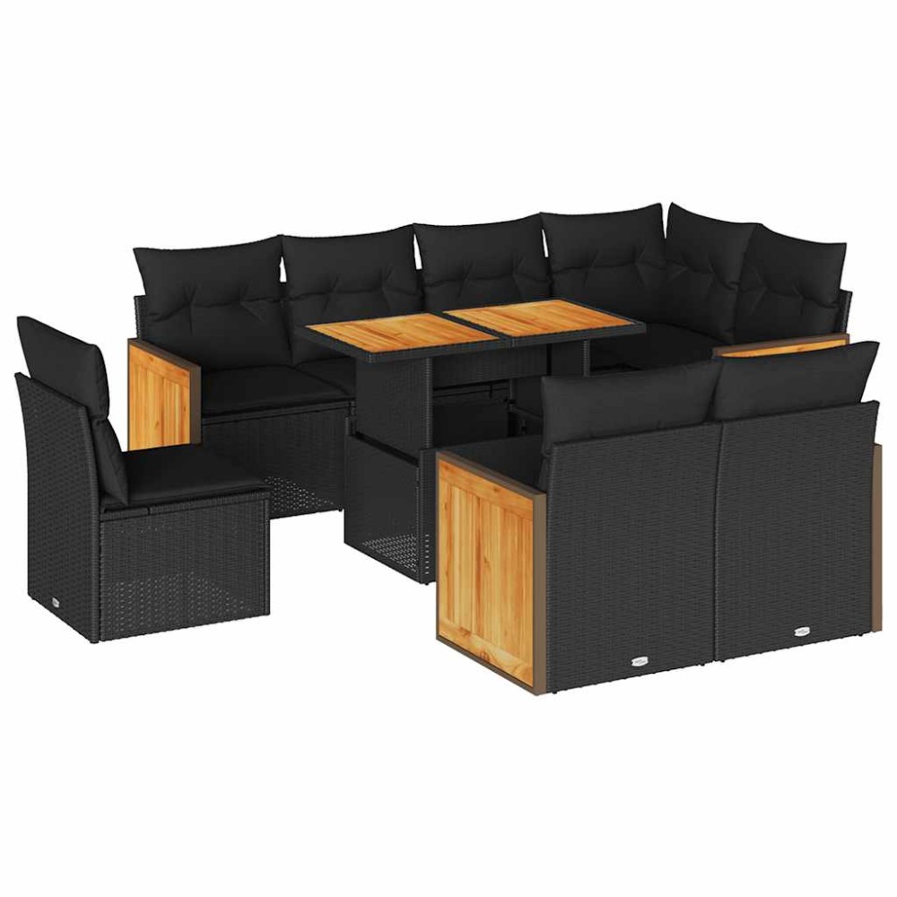 vidaXL Set mobilier grădină perne 9 piese negru poliratan/lemn acacia