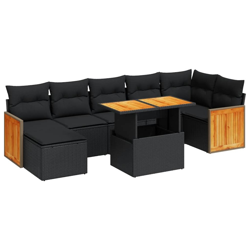 vidaXL Set mobilier grădină perne 8 piese negru, poliratan/lemn acacia
