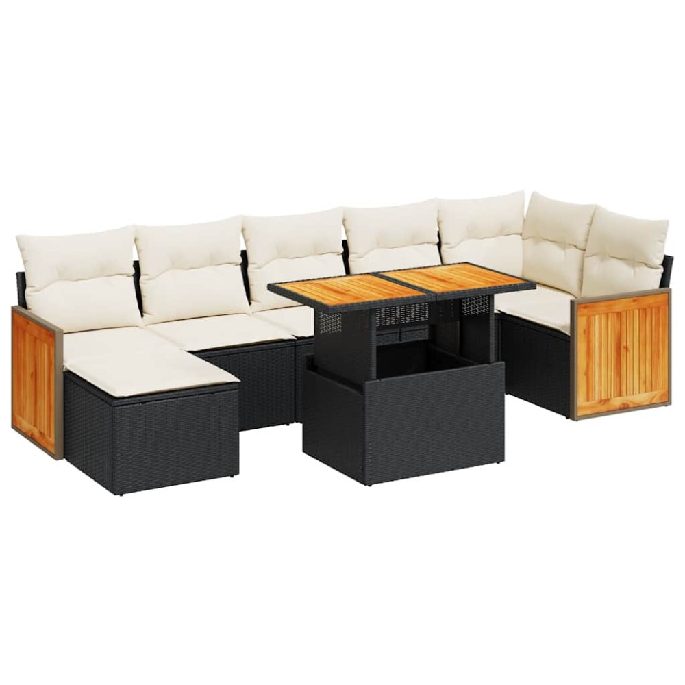 vidaXL Set mobilier grădină perne 8 piese negru, poliratan/lemn acacia