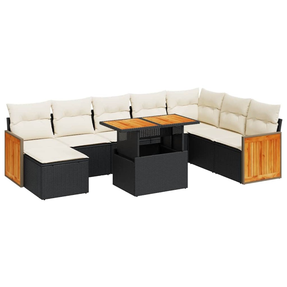 vidaXL Set mobilier grădină perne 9 piese negru poliratan/lemn acacia