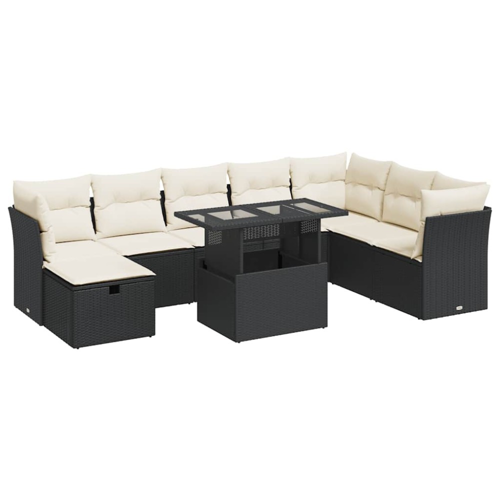 vidaXL Set mobilier de grădină cu perne, 9 piese, negru, poliratan