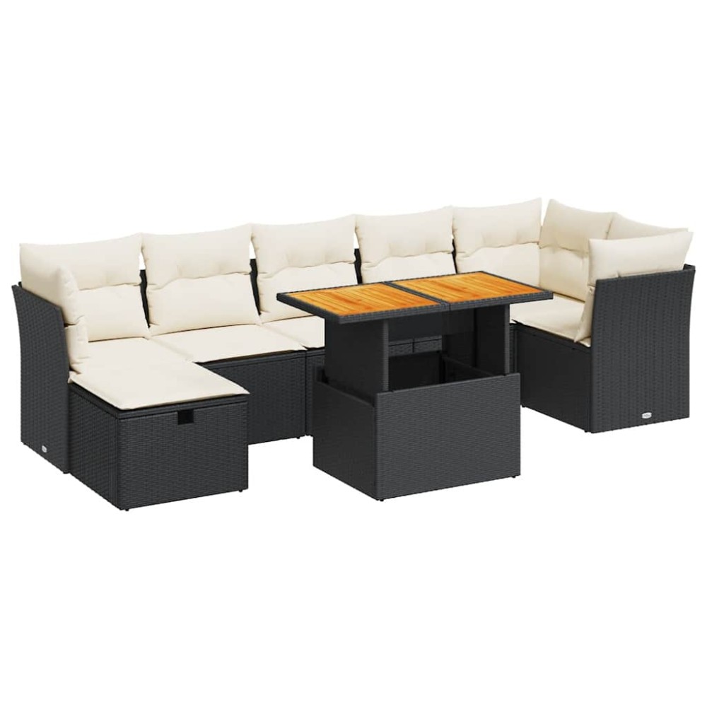 vidaXL Set mobilier grădină perne 8 piese negru, poliratan/lemn acacia