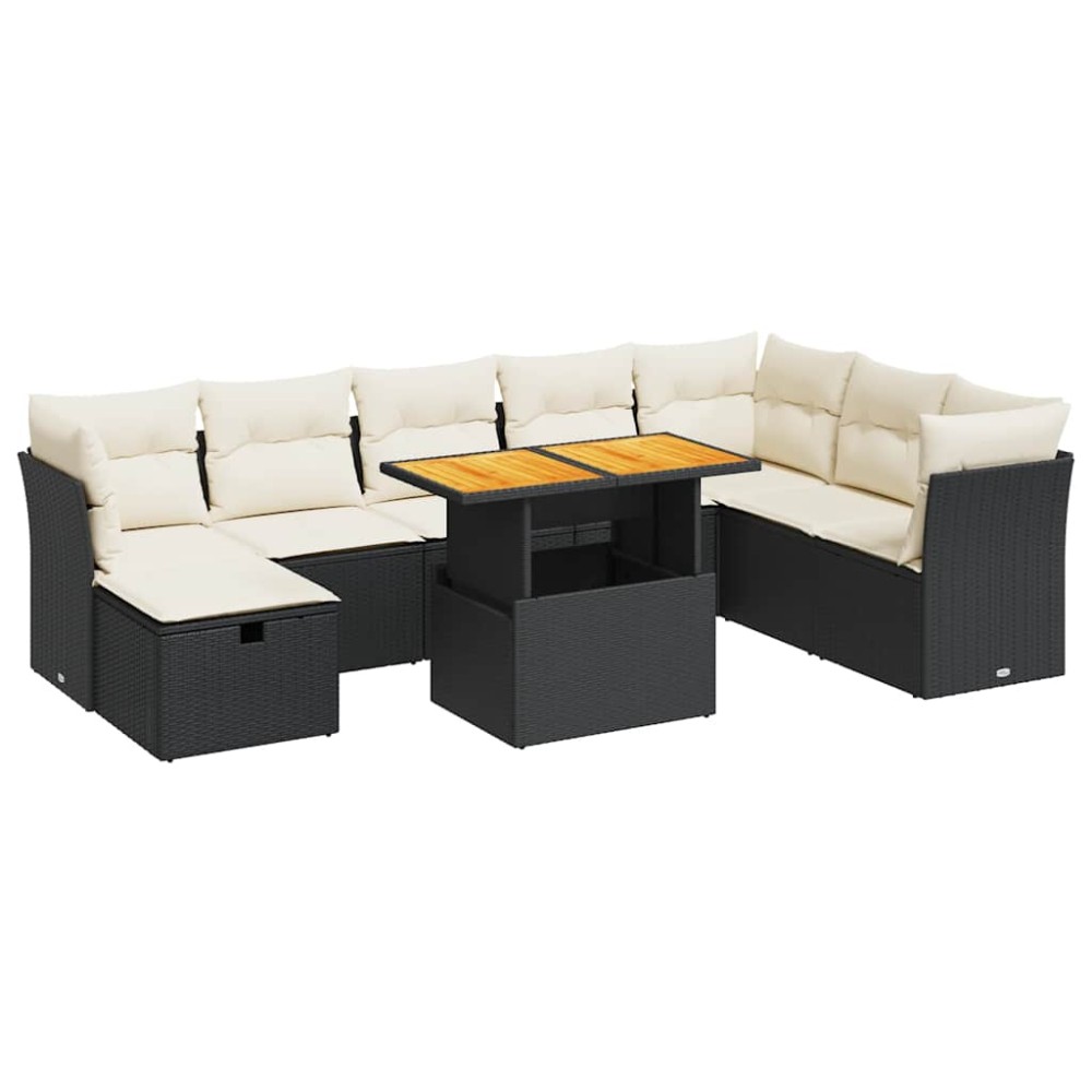vidaXL Set mobilier grădină perne 9 piese negru poliratan/lemn acacia