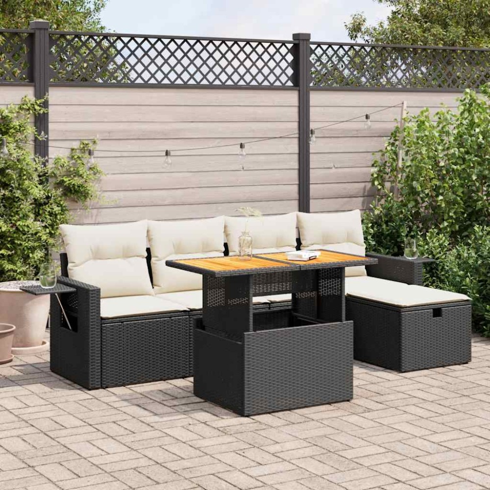 vidaXL Set mobilier grădină perne 6 piese negru poliratan/lemn acacia