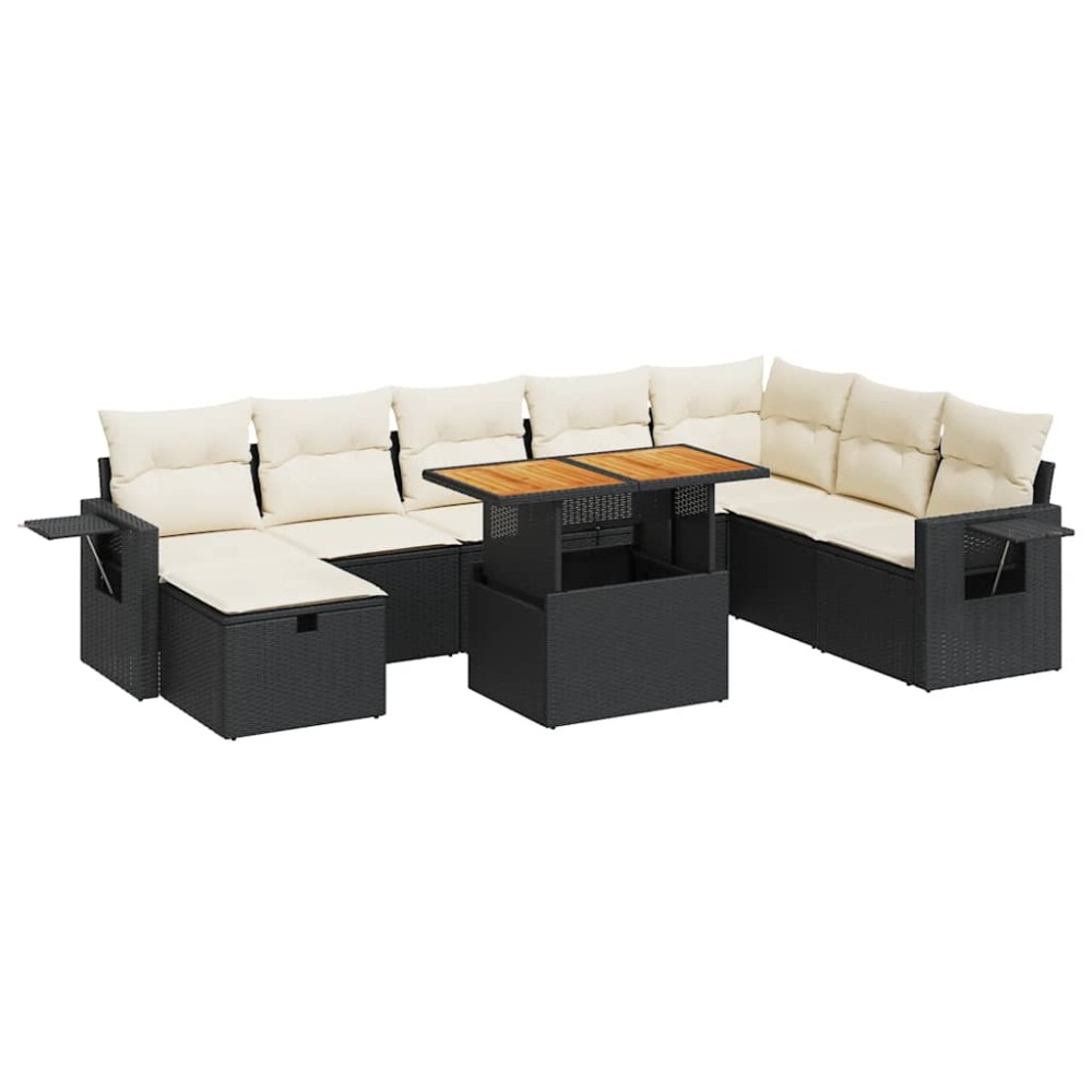 vidaXL Set mobilier grădină perne 9 piese negru poliratan/lemn acacia
