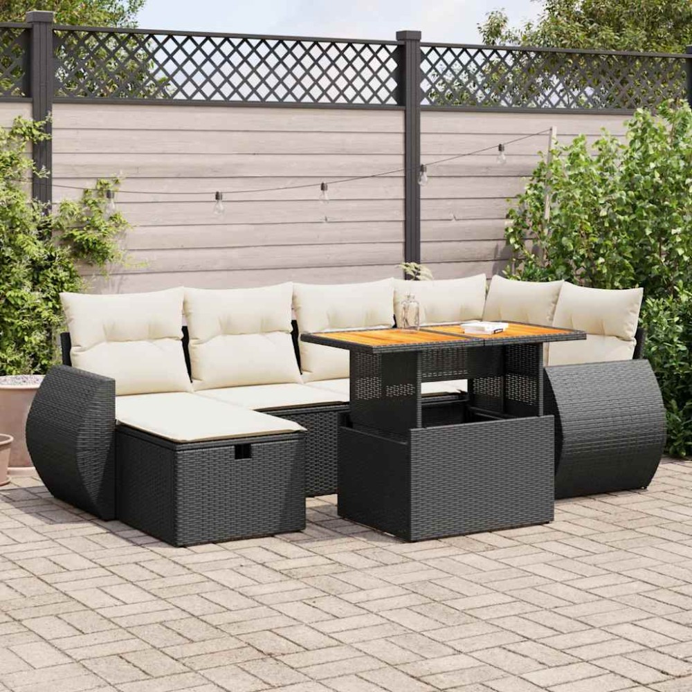 vidaXL Set mobilier grădină perne 8 piese negru, poliratan/lemn acacia