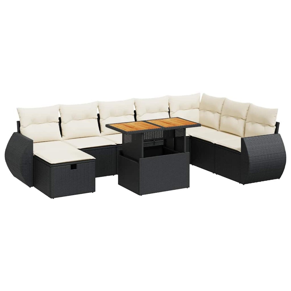vidaXL Set mobilier grădină perne 9 piese negru poliratan/lemn acacia
