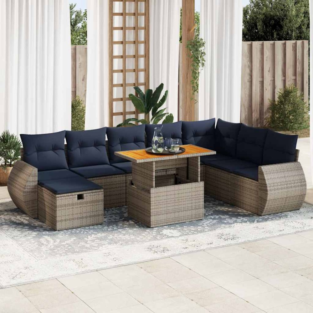 vidaXL Set mobilier grădină perne 9 piese gri poliratan/lemn acacia