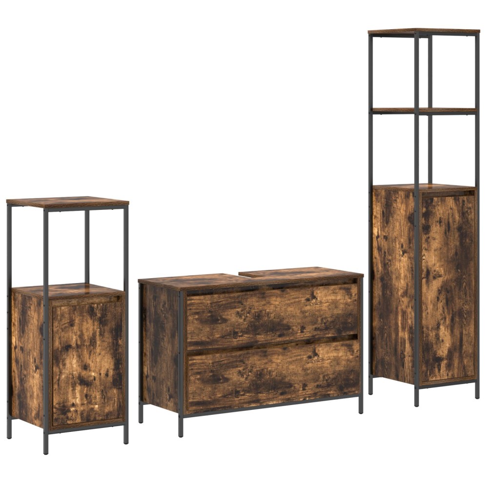 vidaXL Set mobilier baie, 3 piese, stejar fumuriu, lemn prelucrat