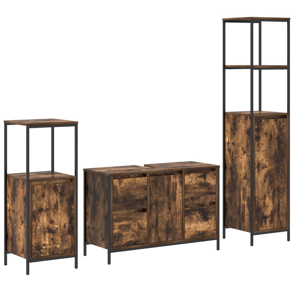 vidaXL Set Mobilier Baie din Lemn Ingineresc Stejar Fumuriu - 3 Piese
