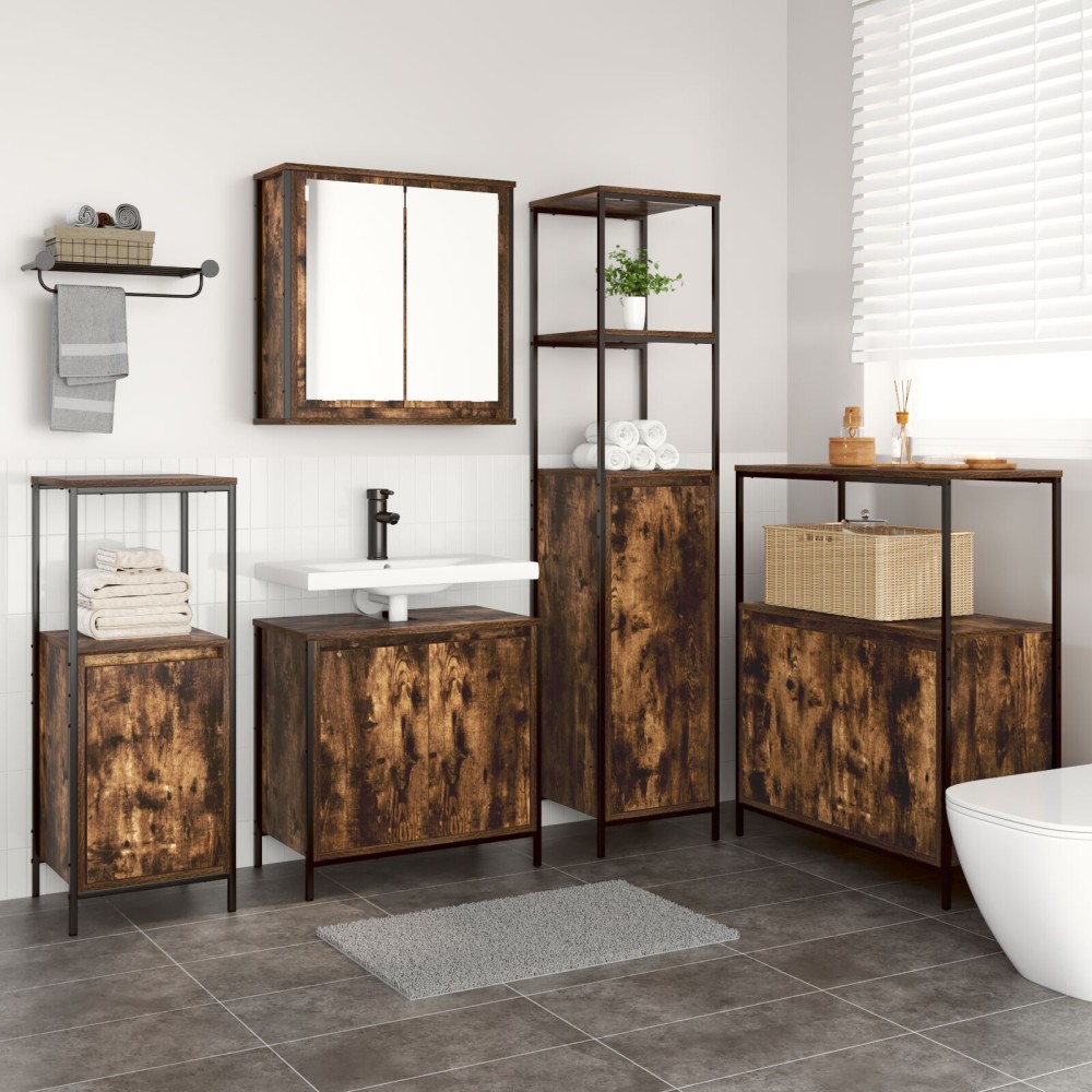 vidaXL Set de mobilier pentru baie din 5 piese din lemn tratat fumuriu