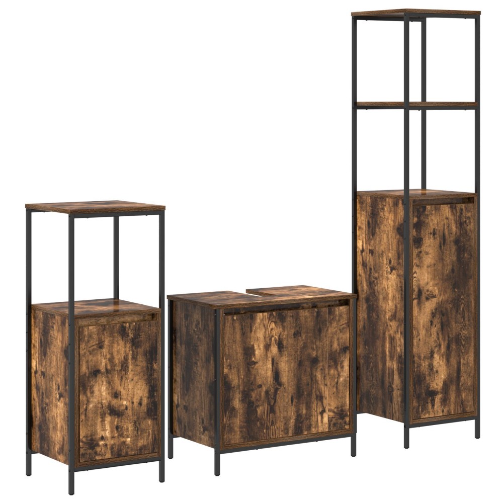 vidaXL Set de mobilier pentru baie 3 piese din stejar fumuriu - Lemn prelucrat