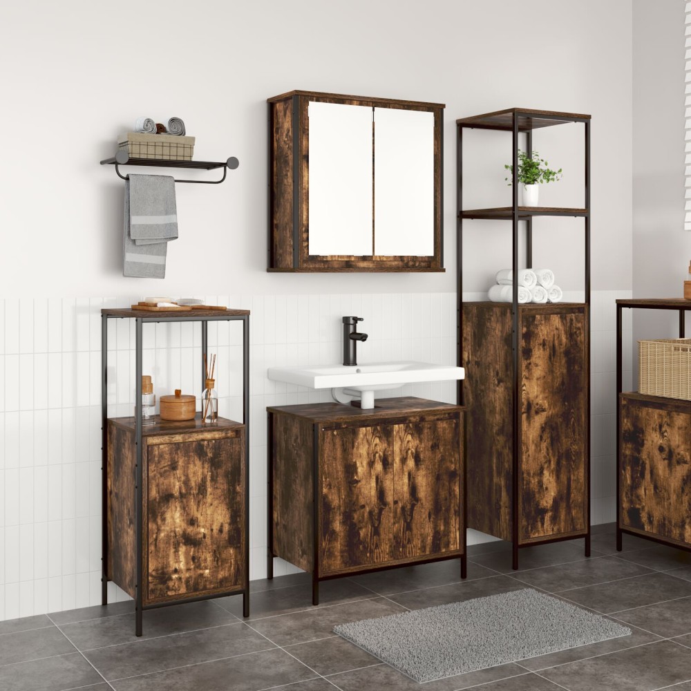 vidaXL Set de mobilier pentru baie 3 piese din stejar fumuriu - Lemn prelucrat
