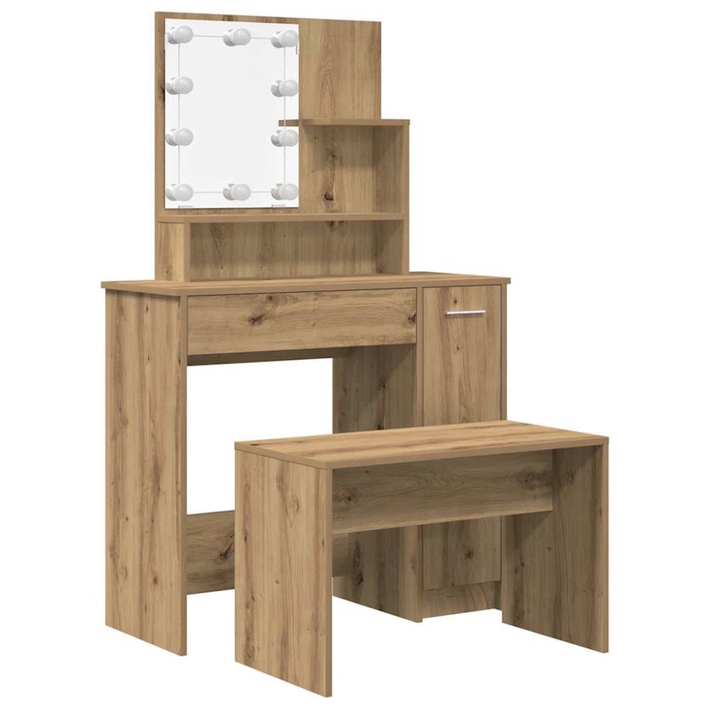 vidaXL Set de masă de toaletă cu LED Artisan Stejar lemn prelucrat