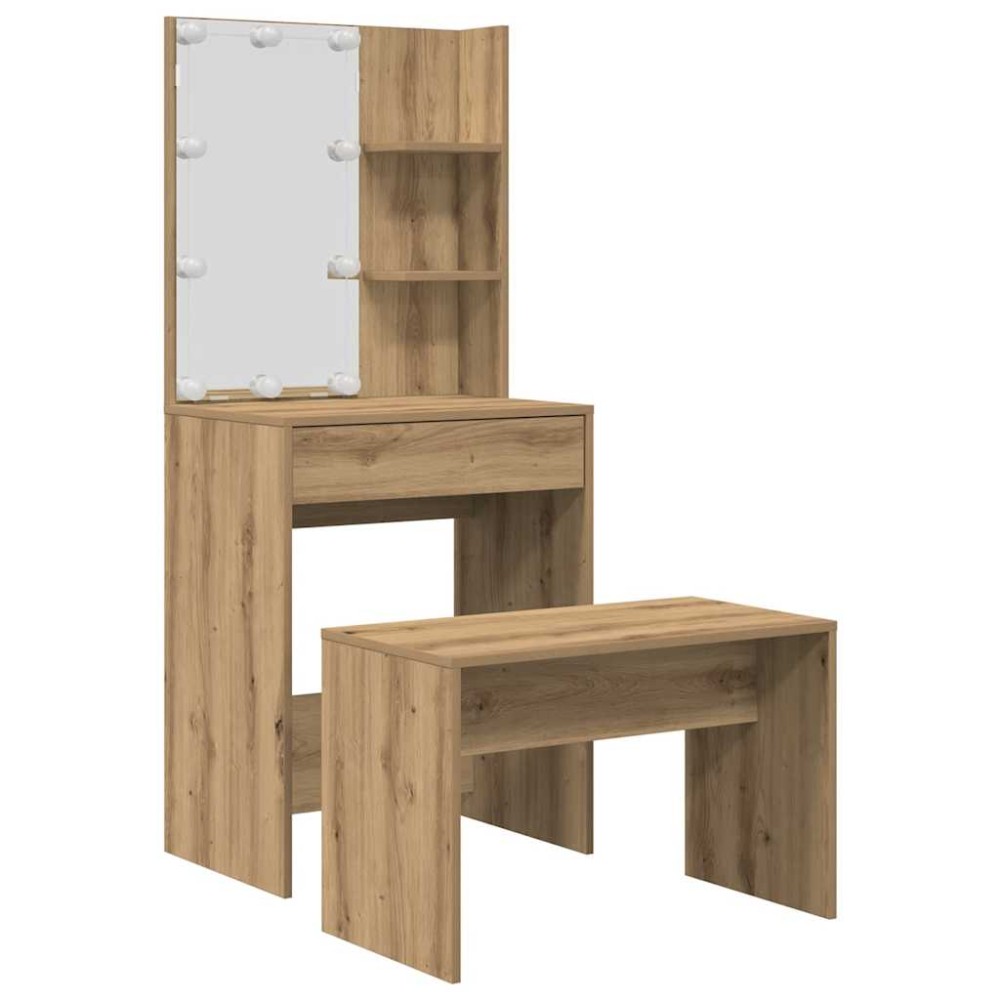 vidaXL Set de masă de toaletă cu LED Artisan Stejar lemn prelucrat