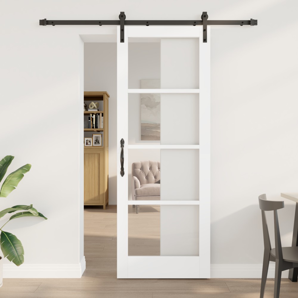Ușă glisantă vidaXL cu set de accesorii 'ORKDAL'Alb Lemn Solid & Sticlă