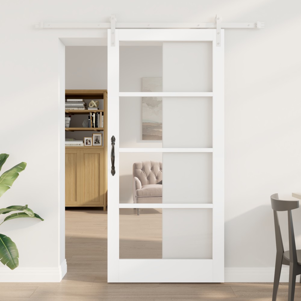 Ușă glisantă vidaXL cu set de accesorii 'ORKDAL'Alb Lemn Solid & Sticlă