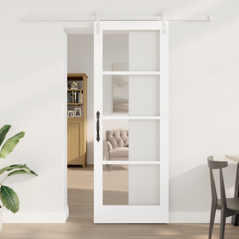 Ușă Glisantă vidaXL cu Set de Accesorii 'ORKDAL'Alb Lemn Masiv & Sticlă