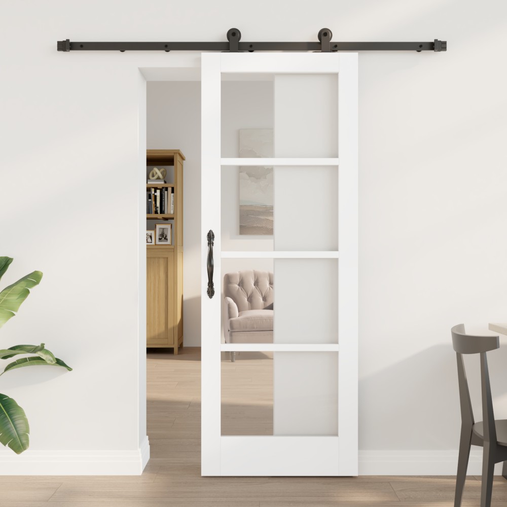 Ușă glisantă vidaXL cu set de accesorii 'ORKDAL'Alb din lemn solid & Sticlă