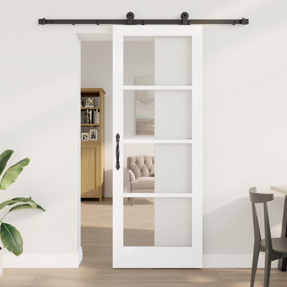 Ușa glisantă vidaXL cu set de accesorii 'ORKDAL'Alb Lemn Masiv & Sticlă