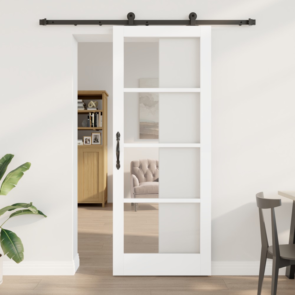 Ușa glisantă vidaXL cu set de accesorii 'ORKDAL'Alb din lemn masiv și sticlă