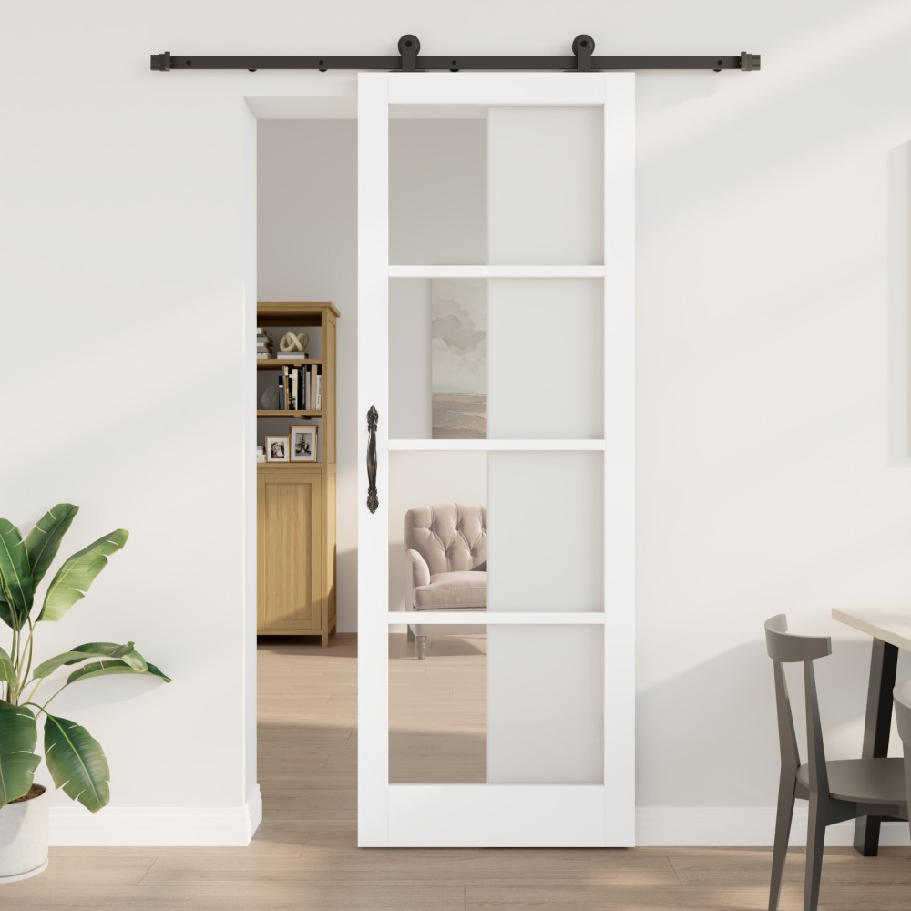 Ușă Glisantă vidaXL cu Set de Accesorii 'ORKDAL'Alb din Lemn Masiv & Sticlă
