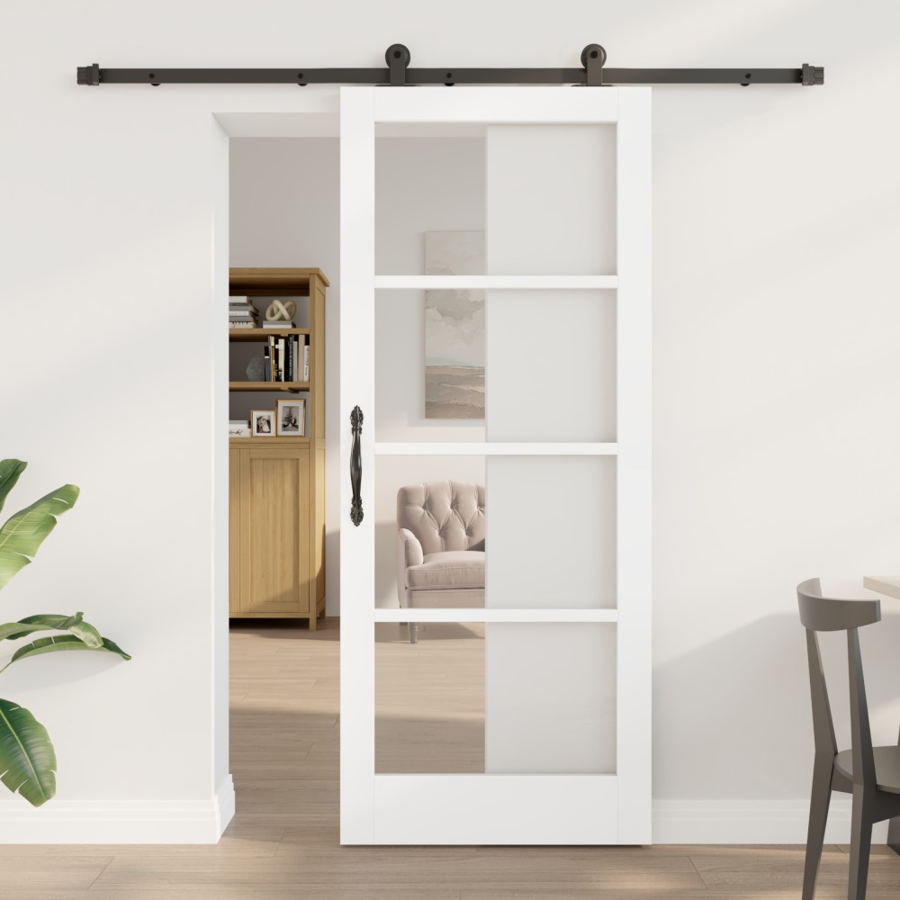 Ușă glisantă vidaXL cu set de accesorii 'ORKDAL'din lemn solid alb și sticlă