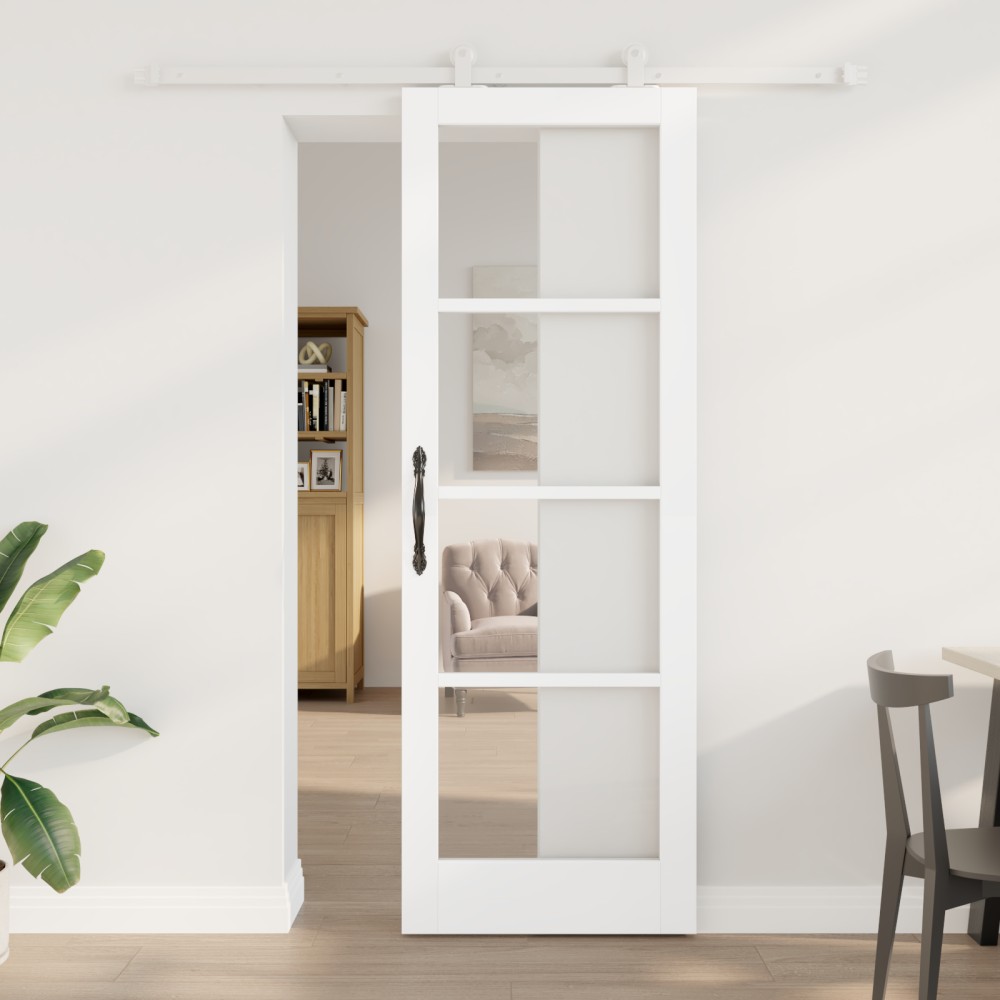 Ușă glisantă vidaXL cu set de accesorii 'ORKDAL'Alb Lemn Solid & Sticlă
