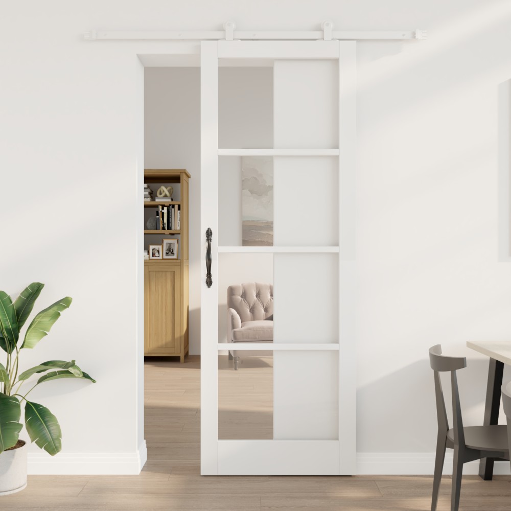 Ușa glisantă vidaXL cu set de accesorii 'ORKDAL'din lemn solid alb și sticlă