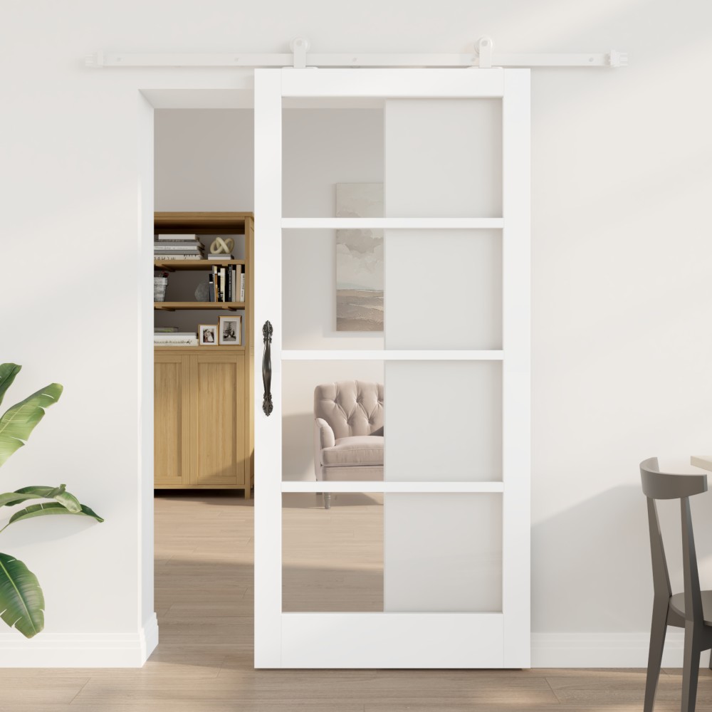 Ușa glisantă vidaXL cu set de accesorii 'ORKDAL'Alb Lemn Solid & Sticlă