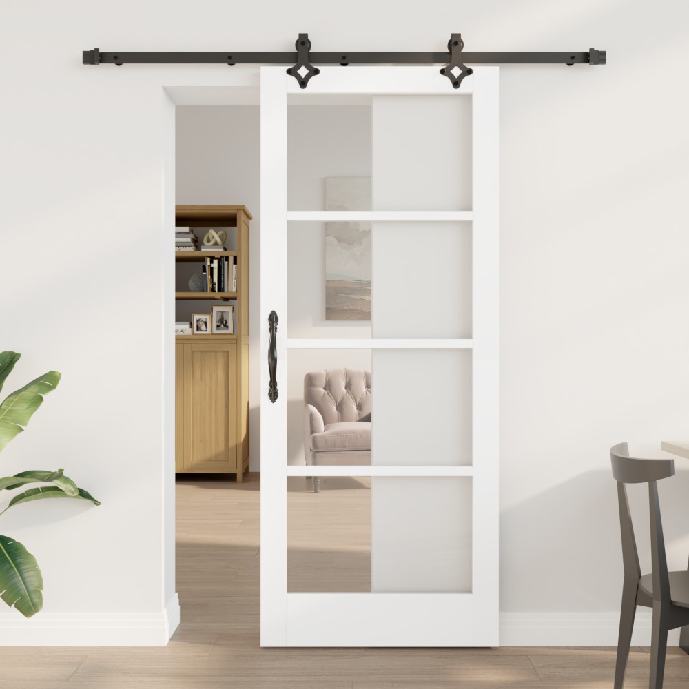 Ușa Glisantă vidaXL cu Set de Accesorii 'ORKDAL'Alb din Lemn Masiv & Sticlă