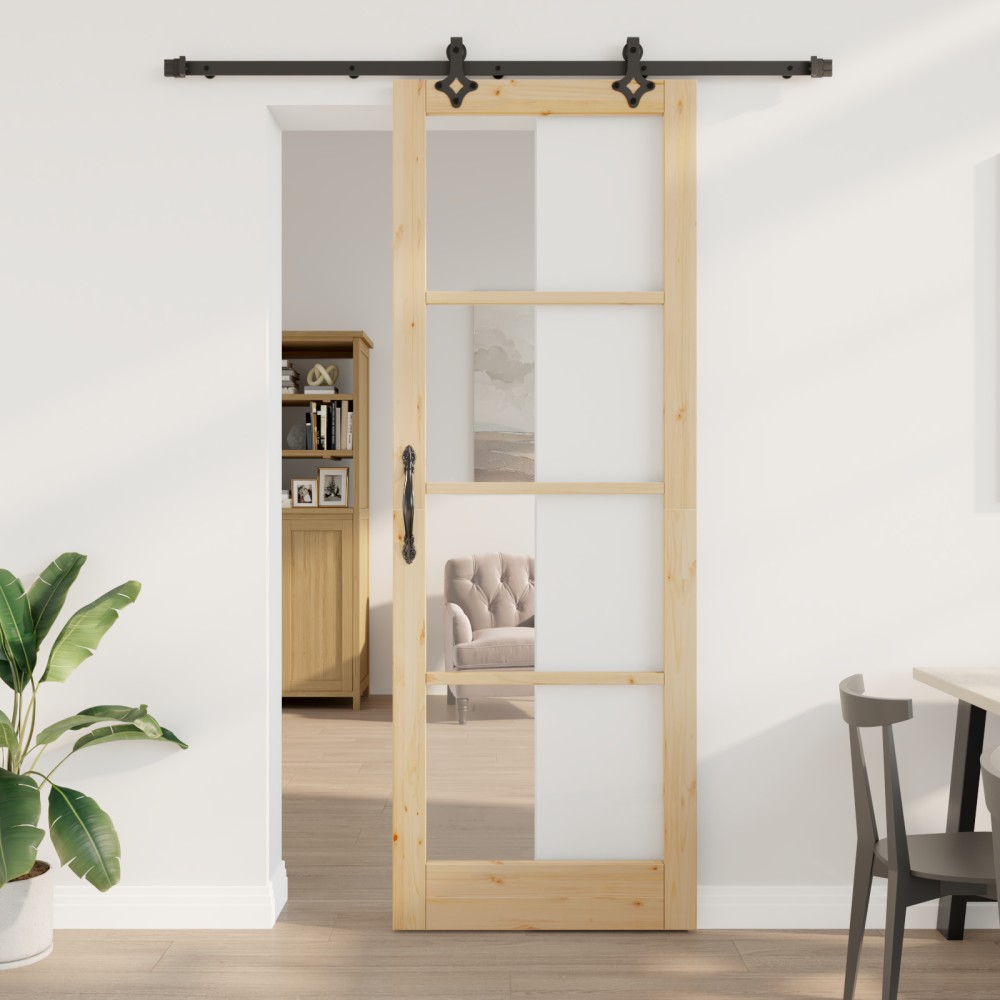 Ușă glisantă vidaXL cu set de accesorii 'ORKDAL'din lemn masiv și sticlă
