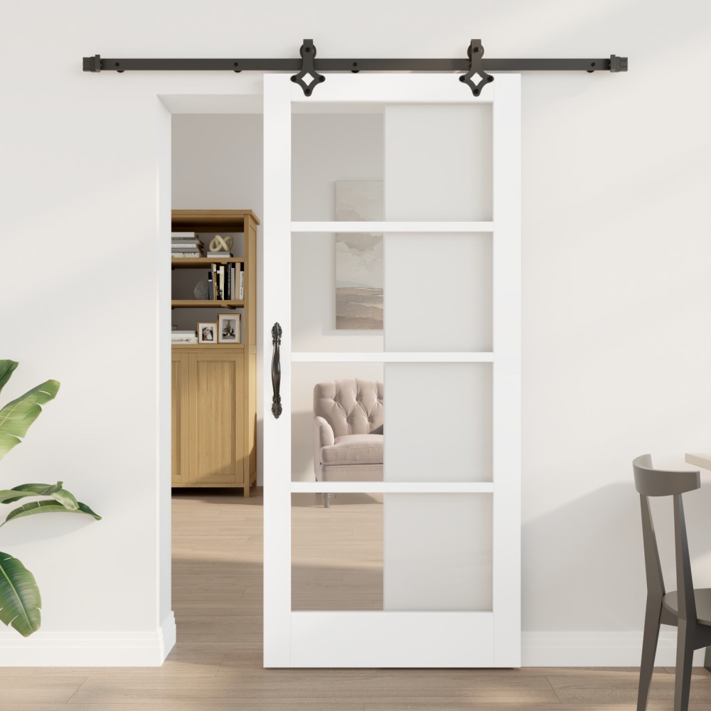 Set de uși glisante vidaXL cu hardware „ORKDAL” Alb Lemn masiv și Sticlă