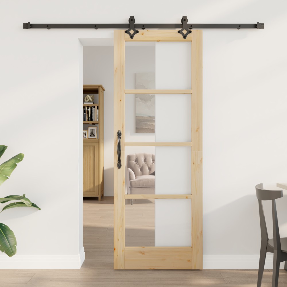 Ușă glisantă vidaXL cu set de accesorii "ORKDAL" Lemn masiv & Sticlă