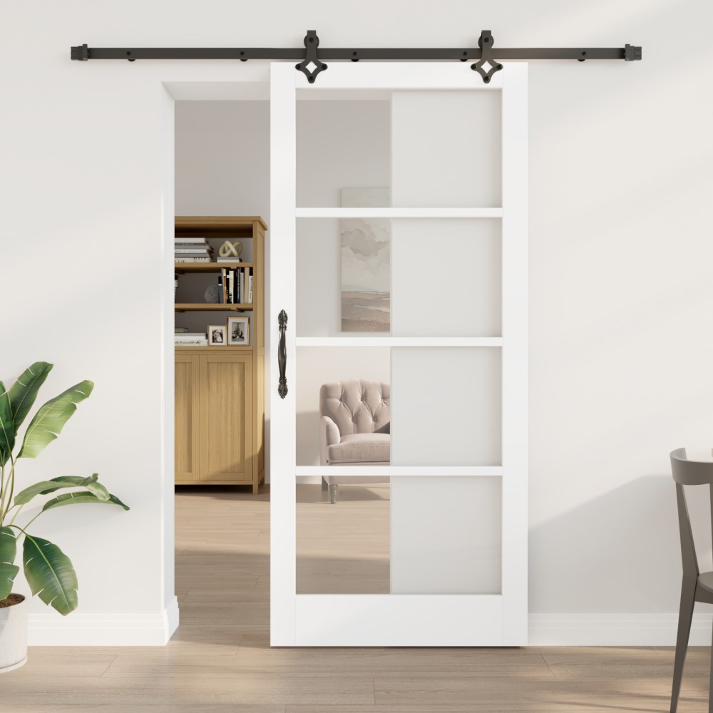 Ușă Glisantă vidaXL cu Set de Accesorii 'ORKDAL'Alb Lemn Solid și Sticlă