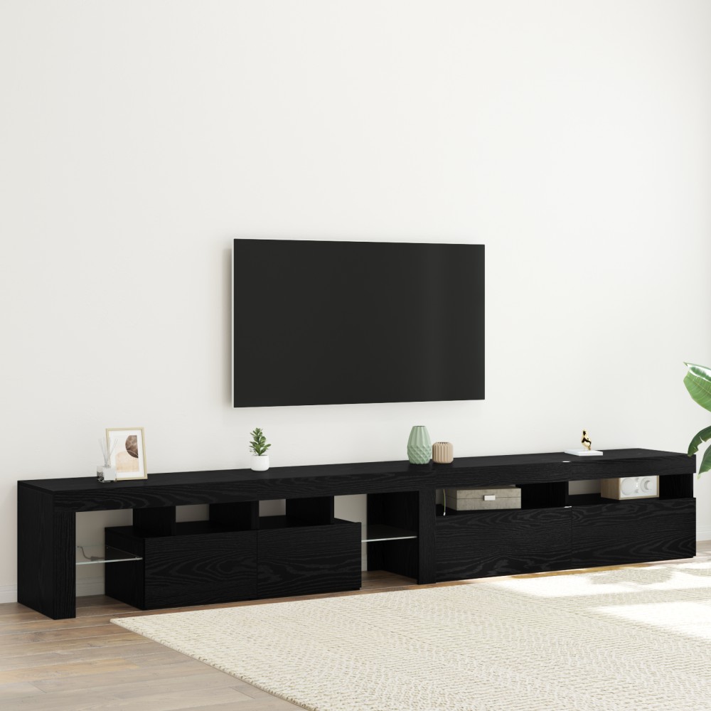 Set de 2 cabine TV cu lumini LED din lemn prelucrat de stejar negru