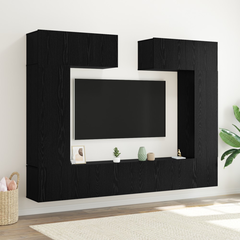 vidaXL Set TV de 8 piese – montat pe perete, stejar negru, lemn compus